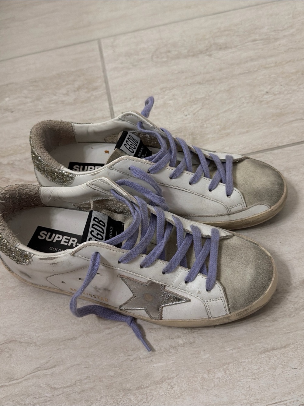 Golden Goose White Leather Sneakers with Lavender Laces